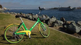Een groene Limebike wordt geparkeerd bij San Diego Bay stock fotografie Een groene Limebike wordt geparkeerd bij San Diego Bay stock fotografie