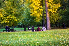 Een groep Japanse toeristen die een picknick in Tsaritsyno-park hebben stock fotografie Een groep Japanse toeristen die een picknick in Tsaritsyno-park hebben stock fotografie