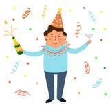Een mens die een fles wijn en wijnglas houden op de achtergrond van vakantiedecoratie Vectorillustratie in vlakke stijl royalty-vrije illustratie Een mens die een fles wijn en wijnglas houden op de achtergrond van vakantiedecoratie Vectorillustratie in vlakke stijl royalty-vrije illustratie
