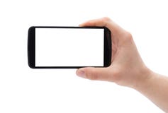 Een mensenhand die slimme telefoon houden die foto maken die op witte achtergrond wordt geïsoleerd stock afbeelding Een mensenhand die slimme telefoon houden die foto maken die op witte achtergrond wordt geïsoleerd stock afbeelding