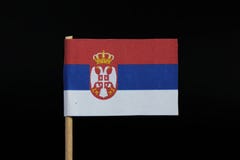 Een nationale vlag van Servië op tandenstoker op zwarte achtergrond Een horizontale tricolor van rood, blauw, en wit met wapensch stock afbeeldingen Een nationale vlag van Servië op tandenstoker op zwarte achtergrond Een horizontale tricolor van rood, blauw, en wit met wapensch stock afbeeldingen