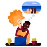 Een paar in liefde een zwarte mens en een wit meisje koopt kaartjes aan het overzees op Internet of kiest een toevlucht royalty-vrije illustratie Een paar in liefde een zwarte mens en een wit meisje koopt kaartjes aan het overzees op Internet of kiest een toevlucht royalty-vrije illustratie