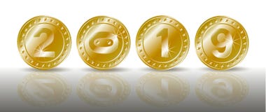 Een rij van symbolische fonkelende gouden muntstukken met de aantallen van het nieuwe jaar 2019 met shadaow en spiegelbezinning S stock illustratie Een rij van symbolische fonkelende gouden muntstukken met de aantallen van het nieuwe jaar 2019 met shadaow en spiegelbezinning S stock illustratie