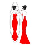 Een zoete dame die make-up doen Het meisje schildert haar lippen met rode lippenstift voor een grote ovale spiegel De vrouw heeft royalty-vrije illustratie Een zoete dame die make-up doen Het meisje schildert haar lippen met rode lippenstift voor een grote ovale spiegel De vrouw heeft royalty-vrije illustratie