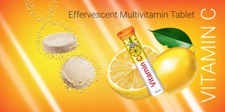 Effervescent Multivitamin tablets ads. Vector Illustration with Vitamin C container and lemon. vector illustration Effervescent Multivitamin tablets ads. Vector Illustration with Vitamin C container and lemon. vector illustration