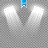 Effetto della luce bianco del riflettore di vettore su fondo trasparente Concerti la scena con le scintille illuminate dal raggio royalty illustrazione gratis Effetto della luce bianco del riflettore di vettore su fondo trasparente Concerti la scena con le scintille illuminate dal raggio royalty illustrazione gratis