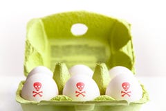 Contaminated food: eggs in a green paper package with the eggs painted with a red poisonous risk symbol skull and bones Royalty Free Stock Photography Contaminated food: eggs in a green paper package with the eggs painted with a red poisonous risk symbol skull and bones Royalty Free Stock Photography