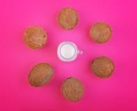 Egzotyczne tropikalne dokrętki z kokosowym mlekiem na jaskrawym różowym tle, odgórny widok Lato owoc koks Odżywcza weganin dieta zdjęcie royalty free Egzotyczne tropikalne dokrętki z kokosowym mlekiem na jaskrawym różowym tle, odgórny widok Lato owoc koks Odżywcza weganin dieta zdjęcie royalty free