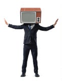 Ein Geschäftsmann auf lokalisiertem Hintergrund lässt seinen Kopf durch ein Retro- Fernsehen ersetzen und hält seine Arme angehob stockbilder Ein Geschäftsmann auf lokalisiertem Hintergrund lässt seinen Kopf durch ein Retro- Fernsehen ersetzen und hält seine Arme angehob stockbilder