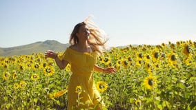 Ein junges Mädchen in einem gelben Kleid läuft in Sonnenblumen Langsame Bewegung stock footage Ein junges Mädchen in einem gelben Kleid läuft in Sonnenblumen Langsame Bewegung stock footage