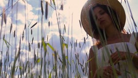 Ein junges Mädchen mit dem langen dunklen Haar, das auf einem grünen Feld steht stock video footage Ein junges Mädchen mit dem langen dunklen Haar, das auf einem grünen Feld steht stock video footage