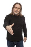 Ein Mann mit langen Haar dem von mittlerem Alter dehnt heraus seine Hand für einen Gruß aus Getrennt auf einem weißen Hintergrund stockfotos Ein Mann mit langen Haar dem von mittlerem Alter dehnt heraus seine Hand für einen Gruß aus Getrennt auf einem weißen Hintergrund stockfotos