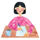 Ein Mädchen mit dem dunklen geraden Haar in rosa, zeichnend und entspannen sich in einer Pause vektor abbildung Ein Mädchen mit dem dunklen geraden Haar in rosa, zeichnend und entspannen sich in einer Pause vektor abbildung
