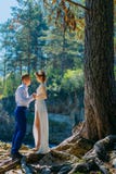 Ein paar Jungvermählten stehen in der wilden Natur und im Anstarren an einander Im Hintergrund, in einem großen Baum und in den lizenzfreies stockfoto Ein paar Jungvermählten stehen in der wilden Natur und im Anstarren an einander Im Hintergrund, in einem großen Baum und in den lizenzfreies stockfoto