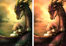 Ein schäbiges Mädchen umarmt ihren Drachen mit Glück vektor abbildung Ein schäbiges Mädchen umarmt ihren Drachen mit Glück vektor abbildung