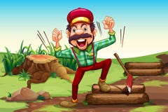 Ein sehr glücklicher Holzfäller nahe dem Stumpf stock abbildung Ein sehr glücklicher Holzfäller nahe dem Stumpf stock abbildung