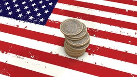 Ein Stapel von Bitcoin-Münzen steht auf der Flagge von USA 3d übertragen lizenzfreie abbildung Ein Stapel von Bitcoin-Münzen steht auf der Flagge von USA 3d übertragen lizenzfreie abbildung