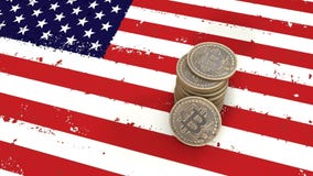 Ein Stapel von Bitcoin-Münzen steht auf der Flagge von USA 3d übertragen lizenzfreie abbildung Ein Stapel von Bitcoin-Münzen steht auf der Flagge von USA 3d übertragen lizenzfreie abbildung