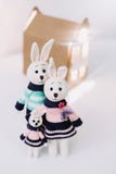 Eine Familie von handgemachten amigurumi Kaninchen Gestrickte Spielwaren zu Hause Junges K?ken in Wanne, 2 malte Eier und Blumen stockfotografie Eine Familie von handgemachten amigurumi Kaninchen Gestrickte Spielwaren zu Hause Junges K?ken in Wanne, 2 malte Eier und Blumen stockfotografie