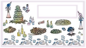 Einladungskarte mit einer festlichen Tabelle mit Lebensmittel, Huhn, Pizza c lizenzfreie abbildung Einladungskarte mit einer festlichen Tabelle mit Lebensmittel, Huhn, Pizza c lizenzfreie abbildung