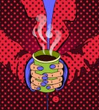 Ejemplo brillante en estilo del arte pop Manos que llevan a cabo una bebida ilustración del vector Ejemplo brillante en estilo del arte pop Manos que llevan a cabo una bebida ilustración del vector