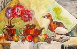 Ejemplo con una tetera, flores, frutas y un pato relleno libre illustration Ejemplo con una tetera, flores, frutas y un pato relleno libre illustration