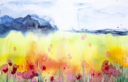 Ejemplo de la acuarela de Astract de un campo hermoso de la amapola con un bosque en el fondo libre illustration Ejemplo de la acuarela de Astract de un campo hermoso de la amapola con un bosque en el fondo libre illustration