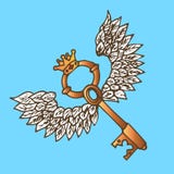 Ejemplo de la llave con las alas Llave de oro con el ángel del vuelo alas y corona vendimia Imagen de archivo Ejemplo de la llave con las alas Llave de oro con el ángel del vuelo alas y corona vendimia Imagen de archivo