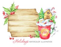 Ejemplo de las vacaciones de invierno Marco de madera de la acuarela, una taza de crema y una casa de pan de jengibre dentro ilustración del vector Ejemplo de las vacaciones de invierno Marco de madera de la acuarela, una taza de crema y una casa de pan de jengibre dentro ilustración del vector