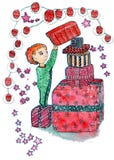 Ejemplo exhausto de la Navidad de la mano de la acuarela de un niño con una caja de muchos regalos en el fondo blanco libre illustration Ejemplo exhausto de la Navidad de la mano de la acuarela de un niño con una caja de muchos regalos en el fondo blanco libre illustration