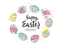 Ejemplo feliz de la caza del huevo de Pascua Diseño de la bandera del día de fiesta con los huevos y las manchas blancas /negras libre illustration Ejemplo feliz de la caza del huevo de Pascua Diseño de la bandera del día de fiesta con los huevos y las manchas blancas /negras libre illustration