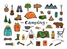 El acampar caminando el engranaje de la aventura del roadtrip del viaje stock de ilustración El acampar caminando el engranaje de la aventura del roadtrip del viaje stock de ilustración