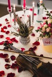 El ajuste romántico de la tabla con las flores hermosas en caja, subió los pétalos y violín imagenes de archivo El ajuste romántico de la tabla con las flores hermosas en caja, subió los pétalos y violín imagenes de archivo