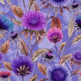 El aster hermoso florece en diversos colores brillantes con las hojas marrones en fondo de la lila Modelo floral inconsútil libre illustration El aster hermoso florece en diversos colores brillantes con las hojas marrones en fondo de la lila Modelo floral inconsútil libre illustration
