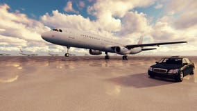 El avión saca en un día soleado contra acompañado por los coches del negocio en la cámara lenta almacen de video El avión saca en un día soleado contra acompañado por los coches del negocio en la cámara lenta almacen de video
