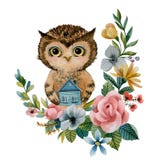 El búho sostiene una pequeña casa watercolor stock de ilustración El búho sostiene una pequeña casa watercolor stock de ilustración