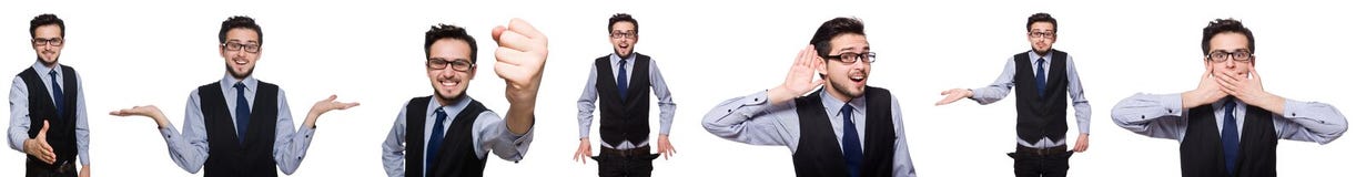 El collage del hombre de negocios divertido en blanco foto de archivo libre de regalías El collage del hombre de negocios divertido en blanco foto de archivo libre de regalías