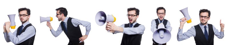 El collage del hombre de negocios joven con el altavoz en blanco Imágenes de archivo libres de regalías El collage del hombre de negocios joven con el altavoz en blanco Imágenes de archivo libres de regalías