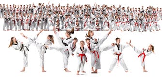 El collage sobre el grupo de niños que entrenan a artes marciales del karate fotografía de archivo El collage sobre el grupo de niños que entrenan a artes marciales del karate fotografía de archivo