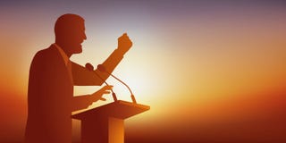 El concepto del discurso con un hombre que se dirija a un público viene considerarlo en su reunión ilustración del vector El concepto del discurso con un hombre que se dirija a un público viene considerarlo en su reunión ilustración del vector