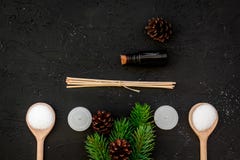 El cuidado de piel y se relaja Cosméticos y concepto del aromatherapy Sal del balneario del pino, aceite, rama spruce y pinecones foto de archivo libre de regalías El cuidado de piel y se relaja Cosméticos y concepto del aromatherapy Sal del balneario del pino, aceite, rama spruce y pinecones foto de archivo libre de regalías