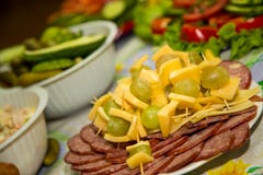 El diferente tipo de salchicha y el jamón se presentan en una placa con queso y uvas fotografía de archivo El diferente tipo de salchicha y el jamón se presentan en una placa con queso y uvas fotografía de archivo