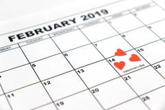 El día de tarjeta del día de San Valentín, el 14 de febrero de 2019 en el calendario fotografía de archivo El día de tarjeta del día de San Valentín, el 14 de febrero de 2019 en el calendario fotografía de archivo