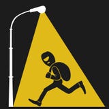 El farol se enciende en ladrón con el saco de dinero, ejemplo plano stock de ilustración El farol se enciende en ladrón con el saco de dinero, ejemplo plano stock de ilustración