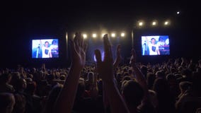 El festival de la roca, muchas fans salta al ritmo y la palmada entrega las cabezas mientras que disfruta del concierto de la mús almacen de metraje de vídeo El festival de la roca, muchas fans salta al ritmo y la palmada entrega las cabezas mientras que disfruta del concierto de la mús almacen de metraje de vídeo