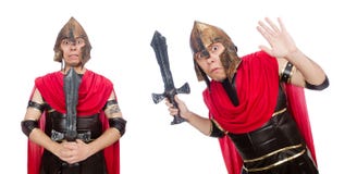 El gladiador que sostiene la espada aislada en blanco imágenes de archivo libres de regalías El gladiador que sostiene la espada aislada en blanco imágenes de archivo libres de regalías