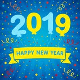 el helio de la Feliz Año Nuevo 2019 hincha las letras y la tarjeta de felicitación coloreada del confeti ilustración del vector el helio de la Feliz Año Nuevo 2019 hincha las letras y la tarjeta de felicitación coloreada del confeti ilustración del vector