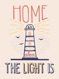 El hogar es donde está la luz Letras Handdrawn Cita con el faro sobre hogar y la familia ilustración del vector El hogar es donde está la luz Letras Handdrawn Cita con el faro sobre hogar y la familia ilustración del vector