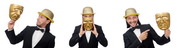 El hombre con la máscara del teatro aislada en blanco imagenes de archivo El hombre con la máscara del teatro aislada en blanco imagenes de archivo