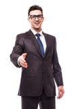 El hombre de negocios con la mano extendió al apretón de manos aislado sobre blanco imagen de archivo libre de regalías El hombre de negocios con la mano extendió al apretón de manos aislado sobre blanco imagen de archivo libre de regalías